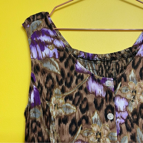 vintage | leopard print tiki flower purple midi dress button front hawaiian l - Picture 4 of 5